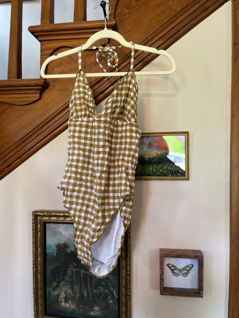 J. Crew Mustard and White Gingham One-Piece Swimsuit